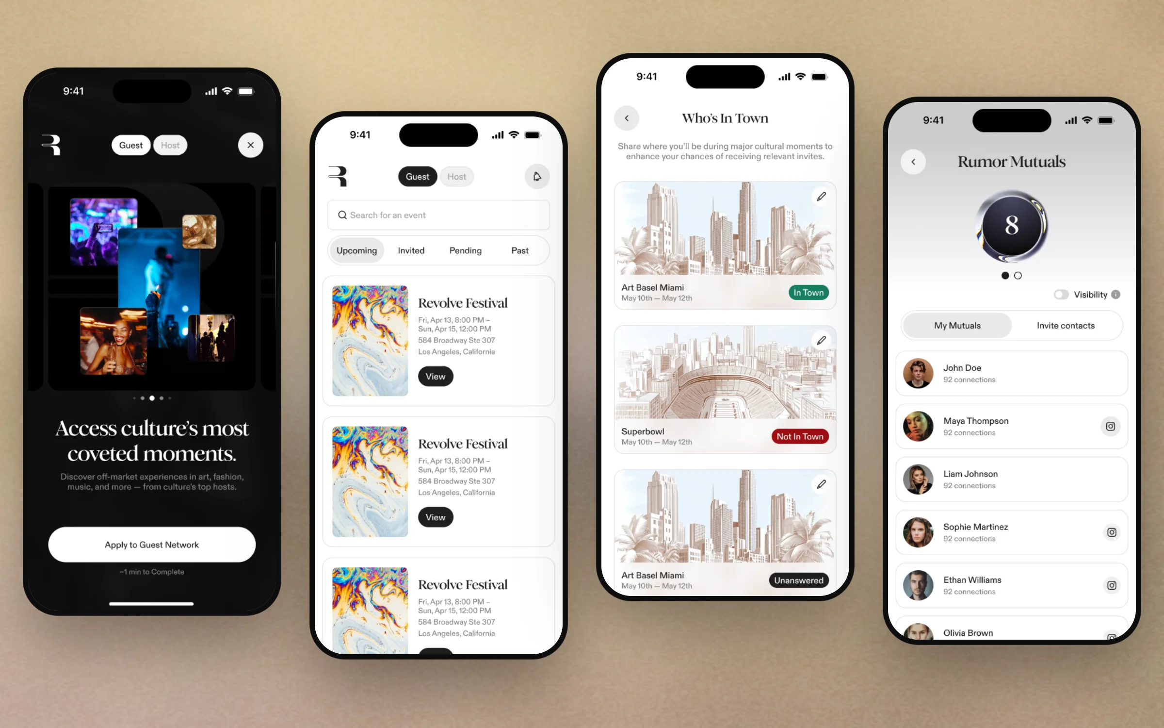 The guest app: welcome, upcoming events, Who's In Town and Rumor Mutuals