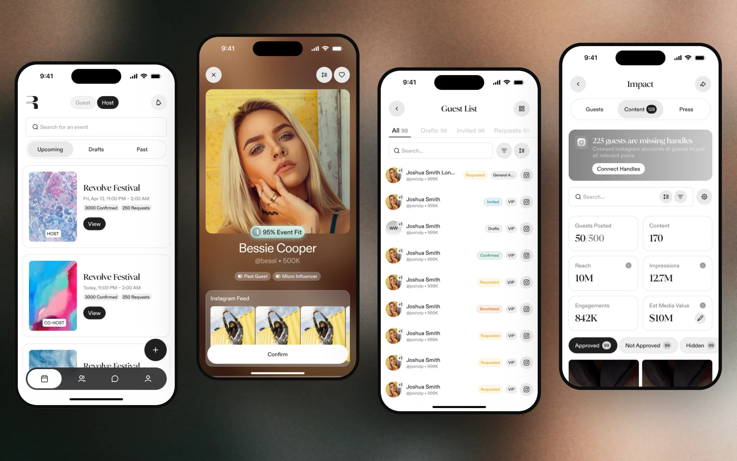 The host app: events, a swipe-to-review guest, the guest list and the night's content
