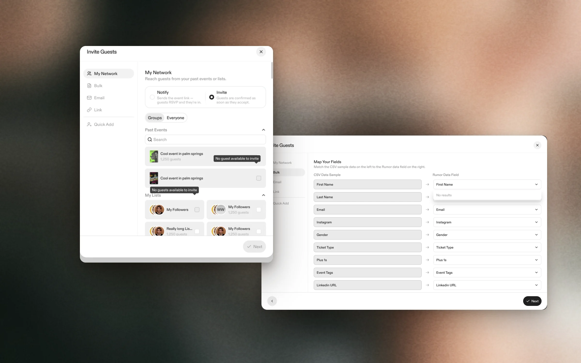 Inviting guests from the host's network, and mapping a spreadsheet's columns