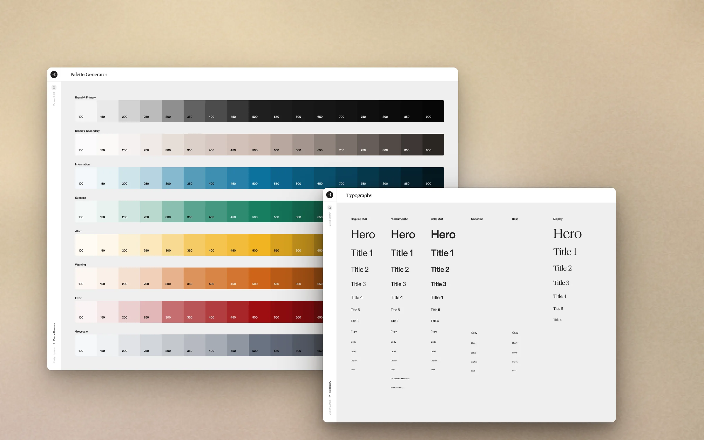 The design system's colour ramps and type scale